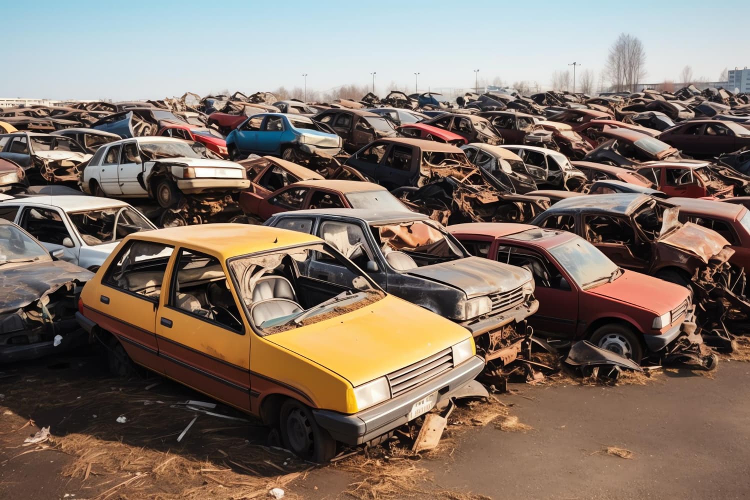 Aerial view of a large scrapyard packed with crushed cars